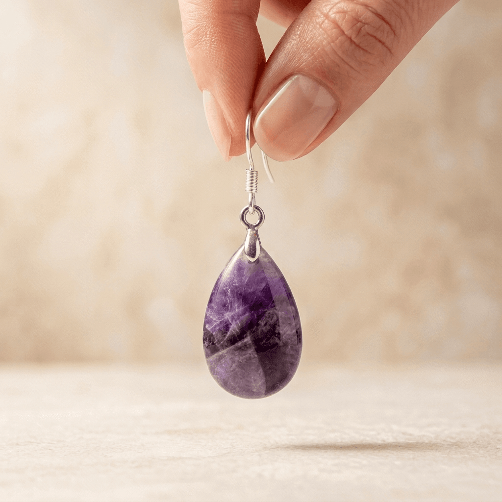 Natural Amethyst Silver Teardrop Drop Earrings
