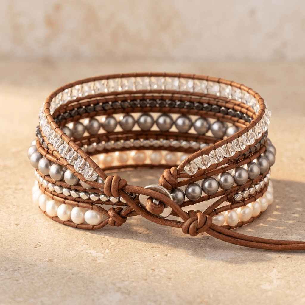 Freshwater Pearl Hematite Leather Wrap Bracelet
