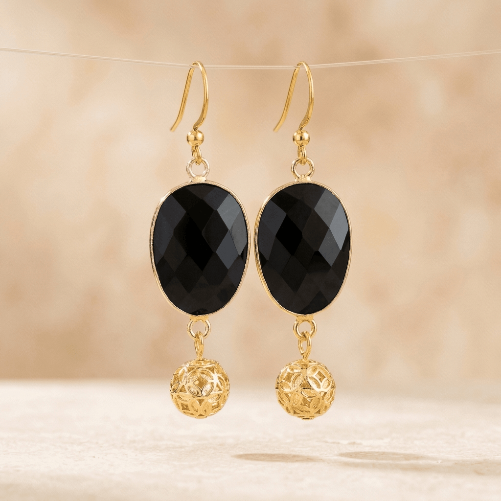 Black Onyx Gold Filigree Ball Drop Earrings