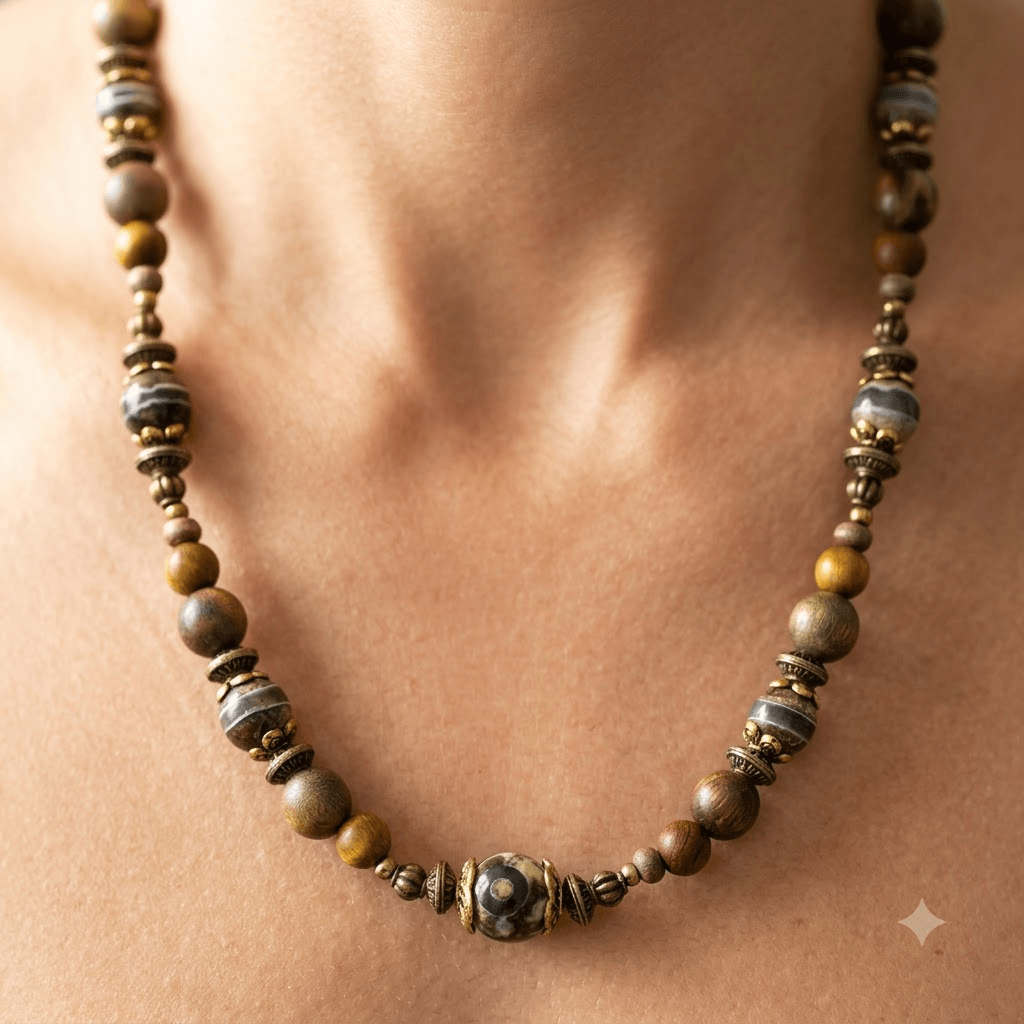 Natural Wood Onyx Striped Beaded Necklace