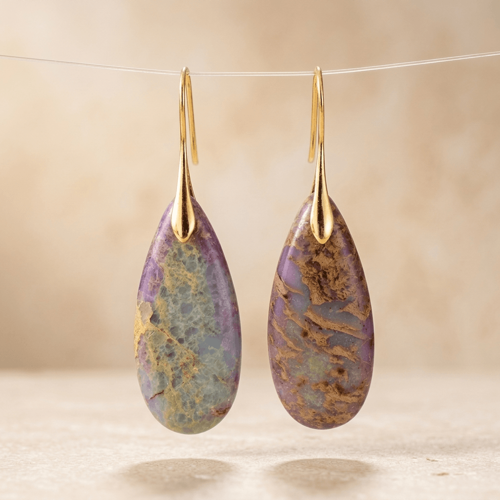 Purple Jasper Gold Teardrop Drop Earrings