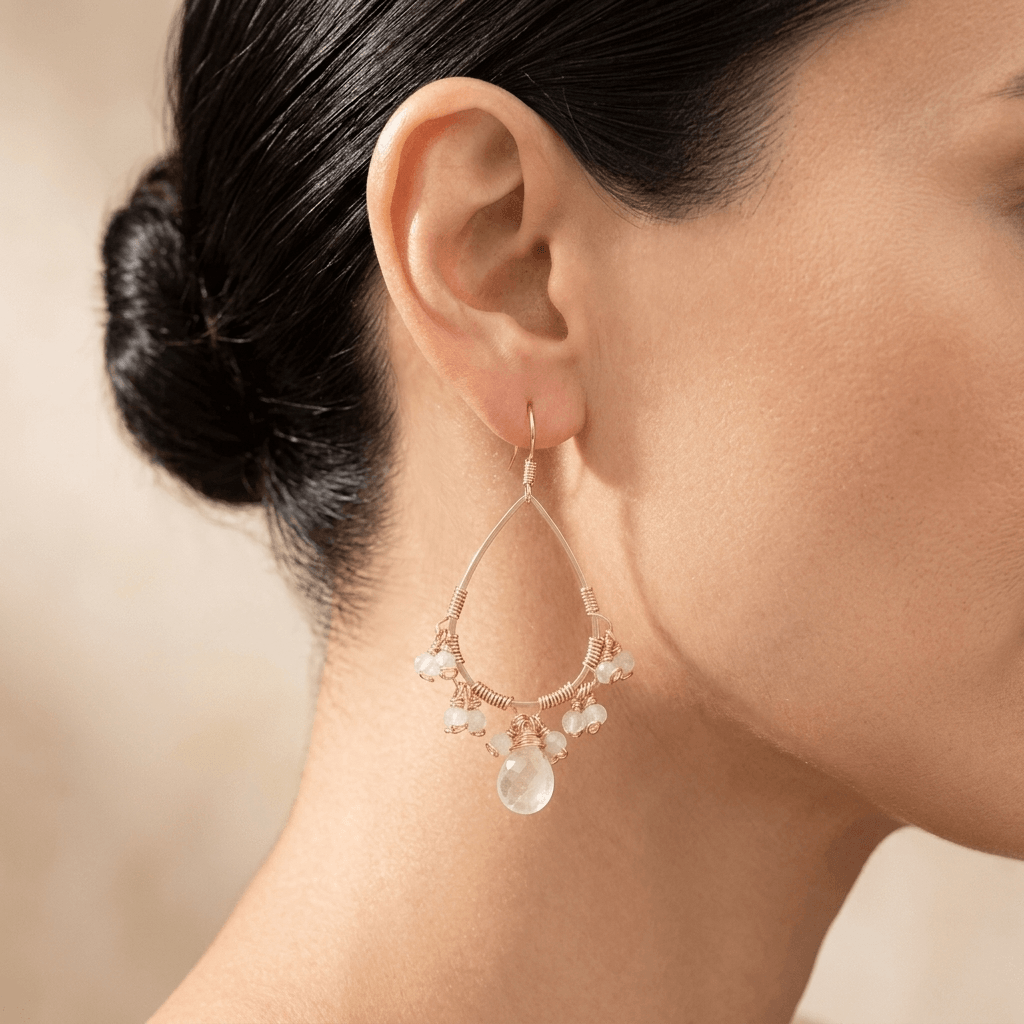 Rose Quartz Gold Teardrop Chandelier Earrings