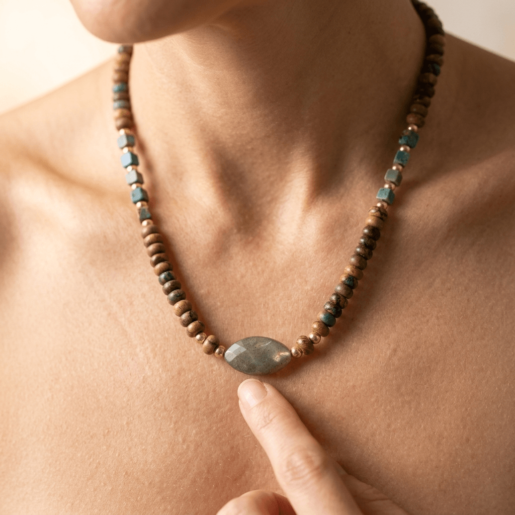 Boho Brass Wood Bead Jasper Necklace