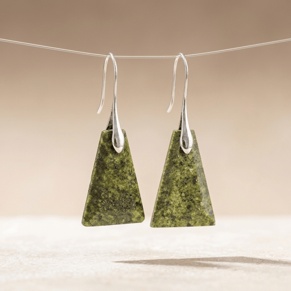 Natural Green Jasper Pyramid Silver Earrings