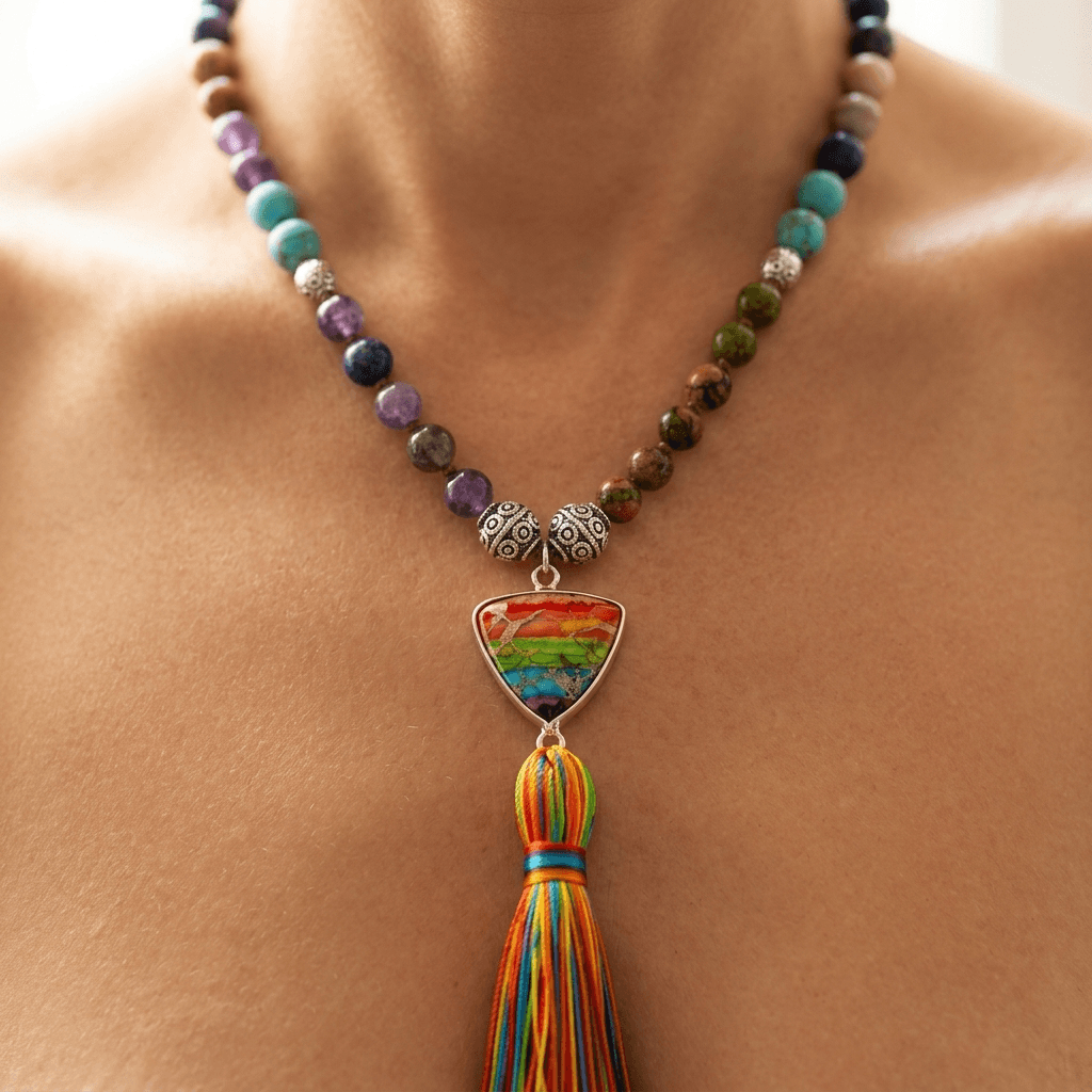 Chakra Gemstone Silver Rainbow Tassel Necklace