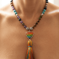 Chakra Gemstone Silver Rainbow Tassel Necklace