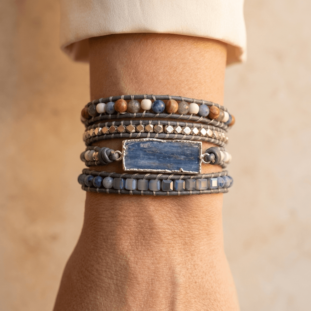 Natural Blue Sodalite Gemstone Leather Wrap Bracelet