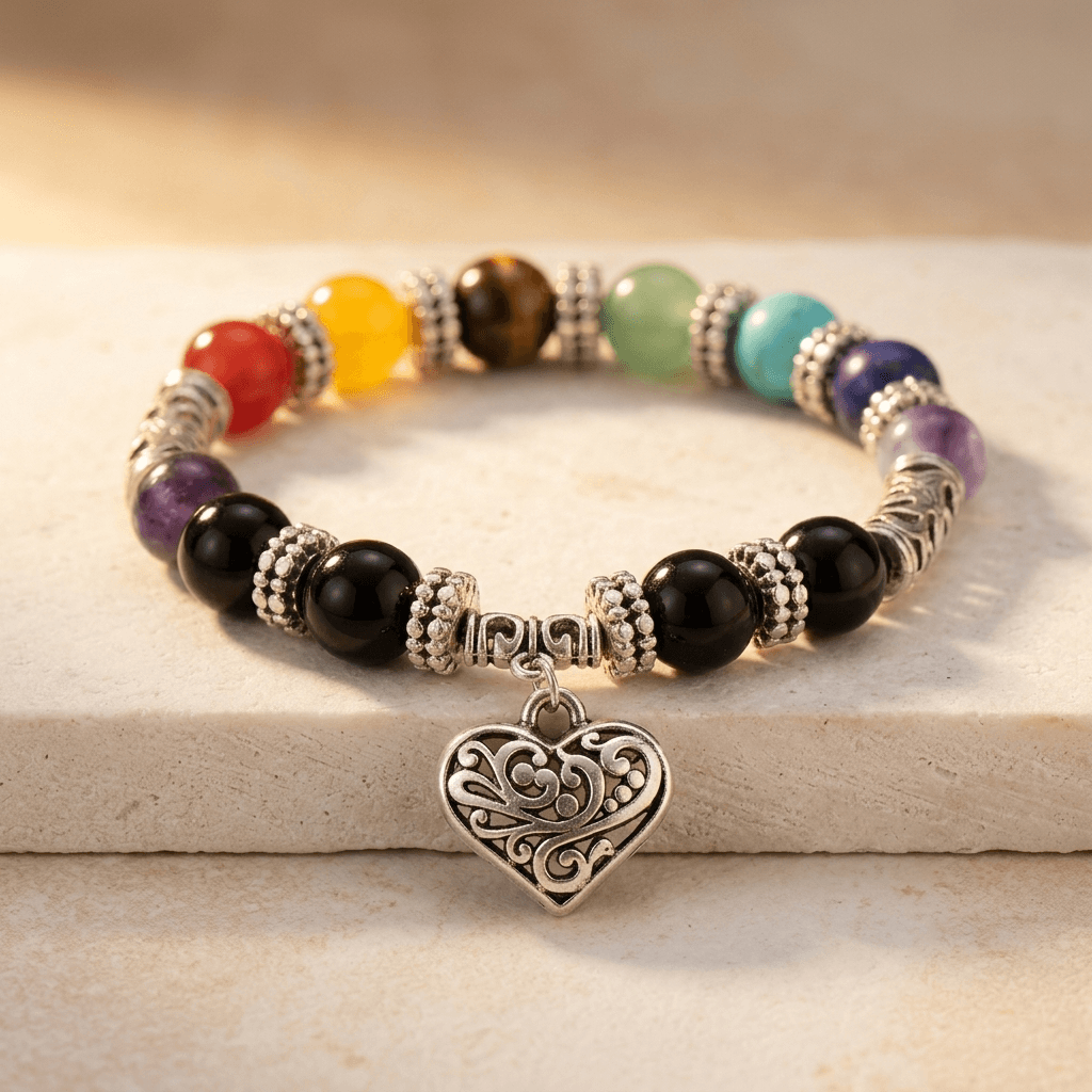 Seven Chakra Healing Silver Heart Bracelet