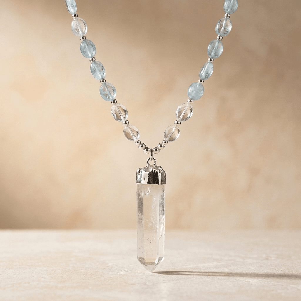 Natural Aquamarine Clear Quartz Pendant Necklace