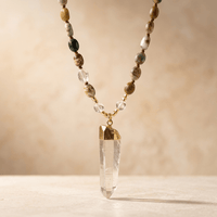 Natural Ocean Jasper Gold Clear Quartz Pendant Necklace