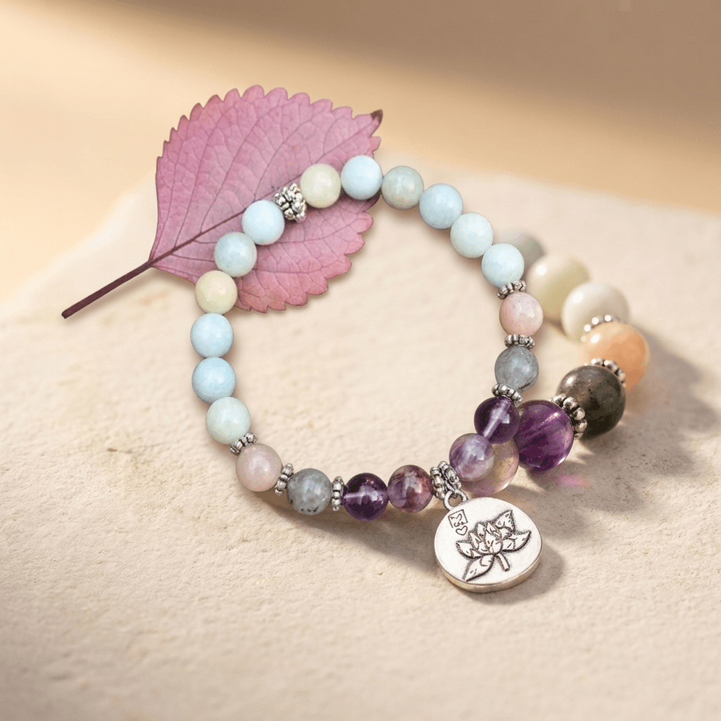 Aquamarine Amethyst Silver Lotus Charm Beaded Bracelet