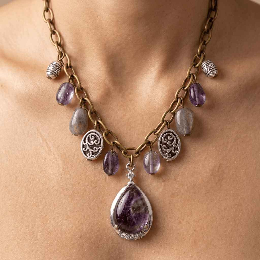 Antique Amethyst Teardrop Silver Chain Necklace