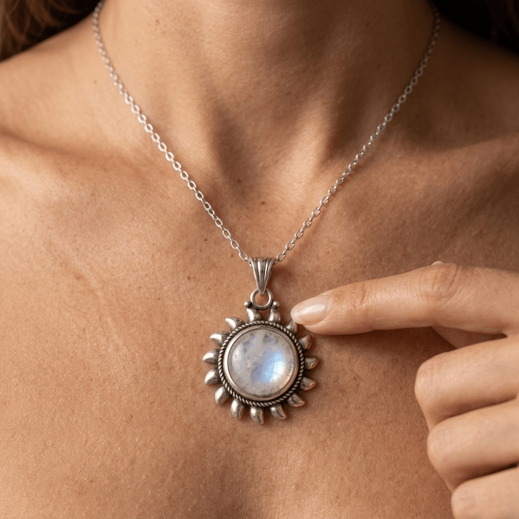 Sterling Silver Moonstone Sun Pendant Necklace