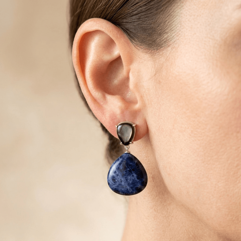 Blue Sodalite Mother Of Pearl Silver Drop Earrings
