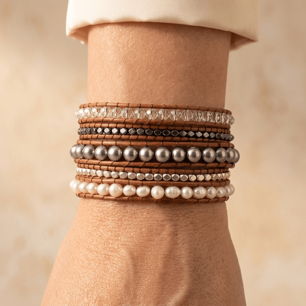 Freshwater Pearl Hematite Leather Wrap Bracelet