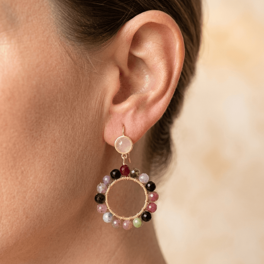 Multicolor Tourmaline Gold Beaded Circle Earrings