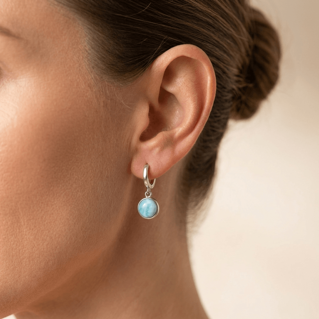 Silver Larimar Round Drop Hoop Earrings
