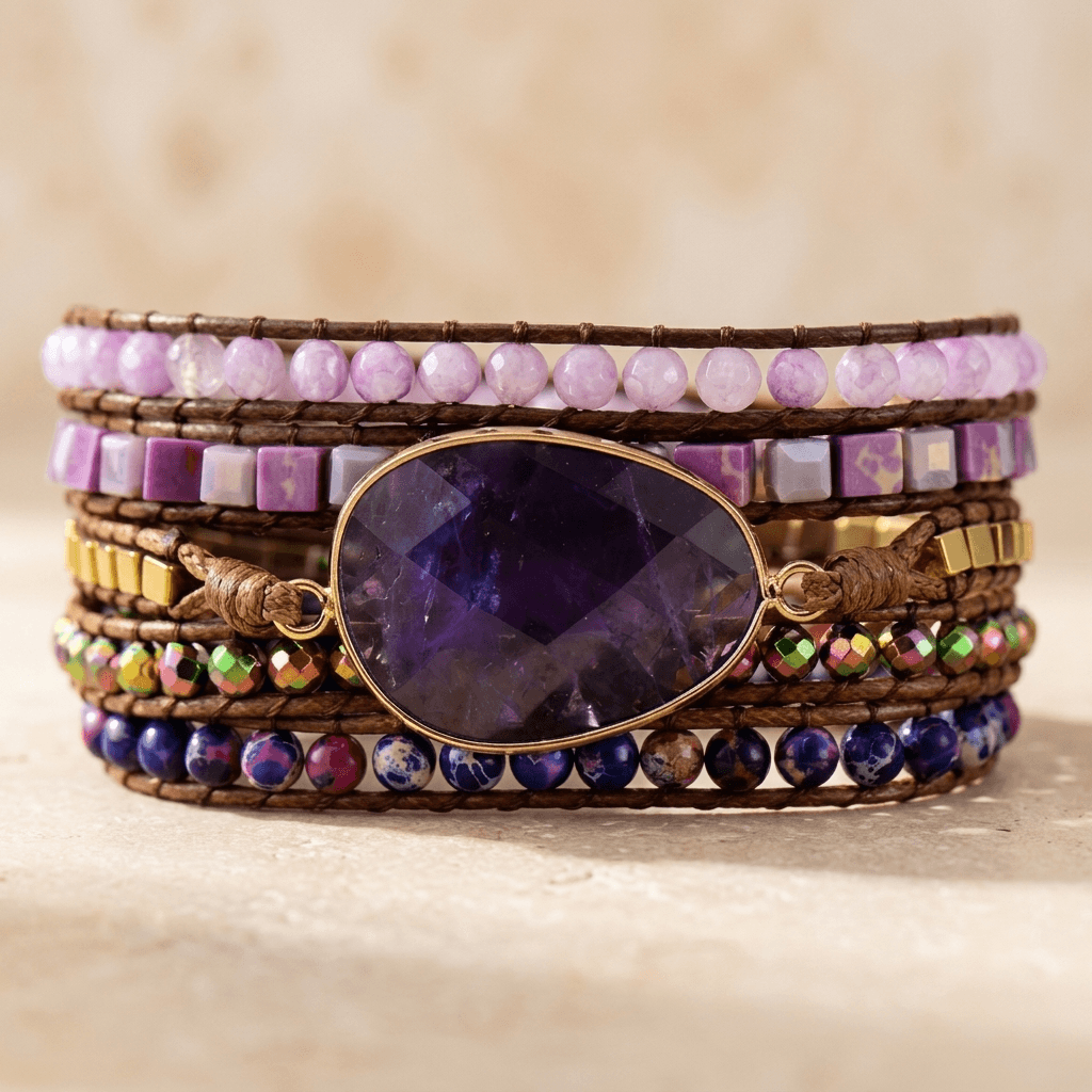 Purple Amethyst Leather Wrap Bracelet