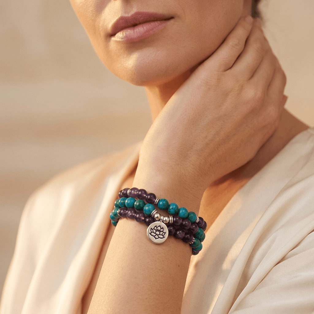 Amethyst Chrysocolla Silver Lotus Wrap Bracelet