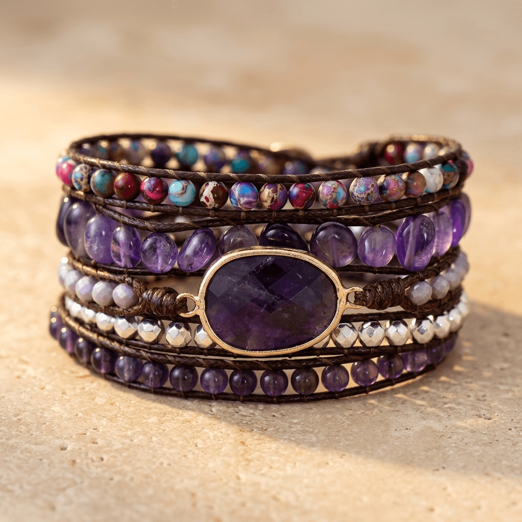 Purple Amethyst Gold Oval Wrap Bracelet