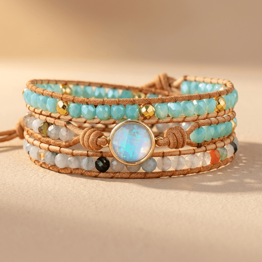 Boho Leather Aqua Gemstone Wrap Bracelet