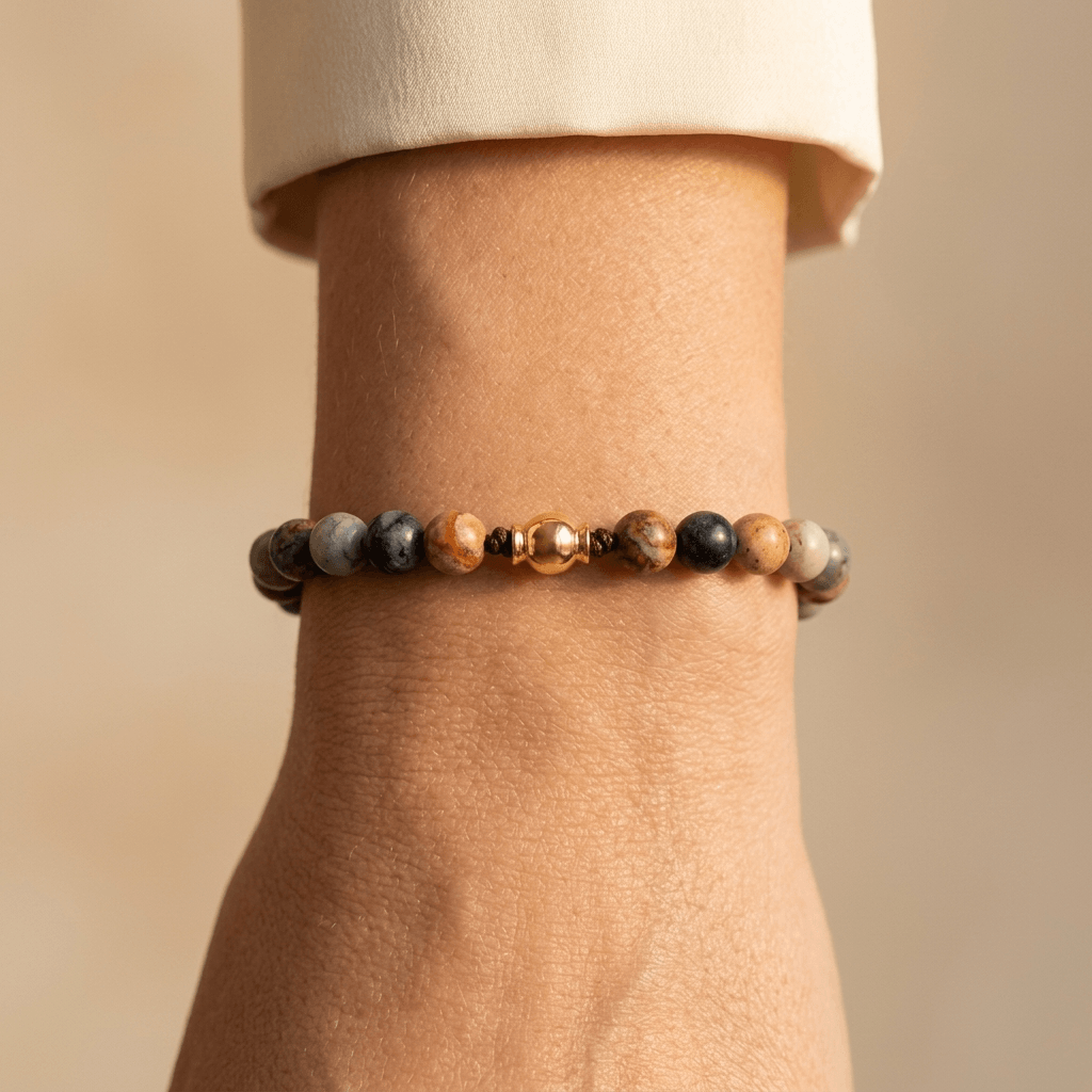 Natural Stone Silver Beaded Stretch Bracelet