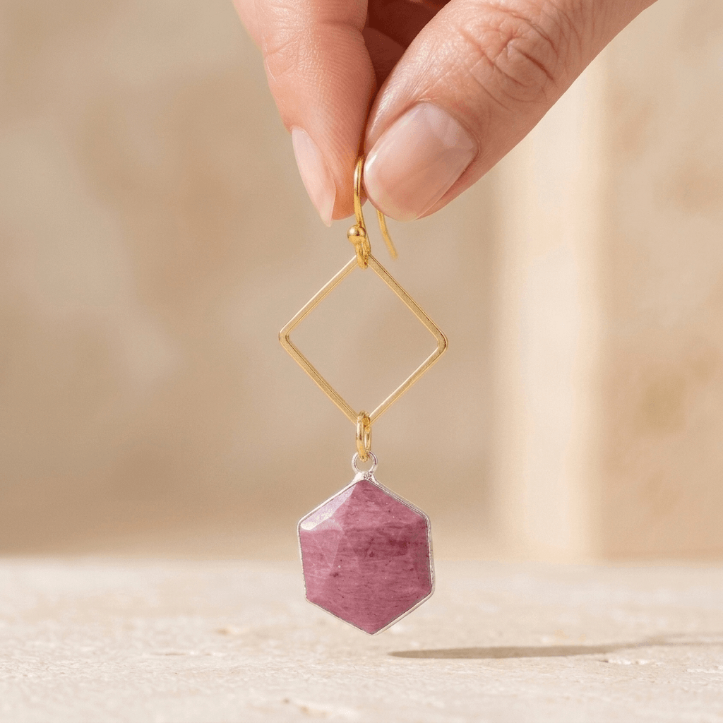 Pink Rhodonite Gold Diamond Drop Earrings