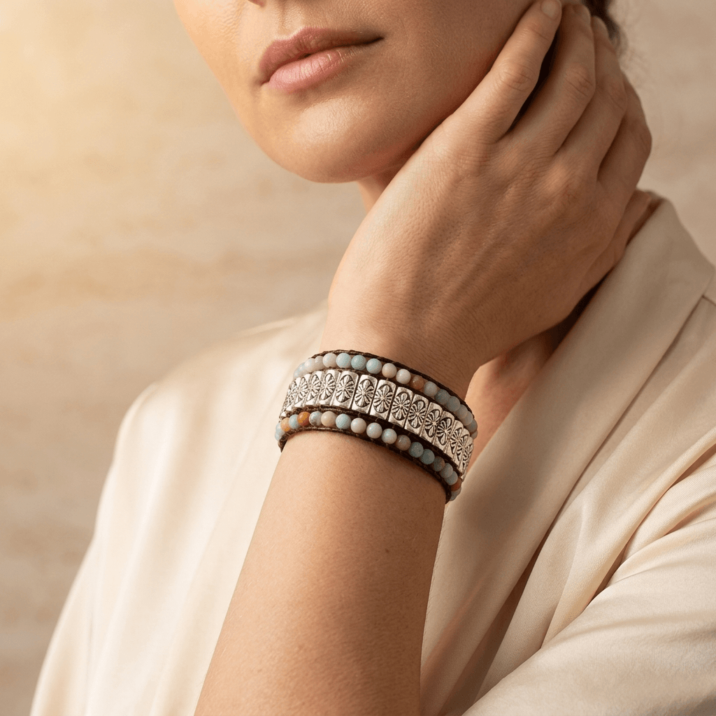 Natural Amazonite Tibetan Silver Bead Wrap Bracelet