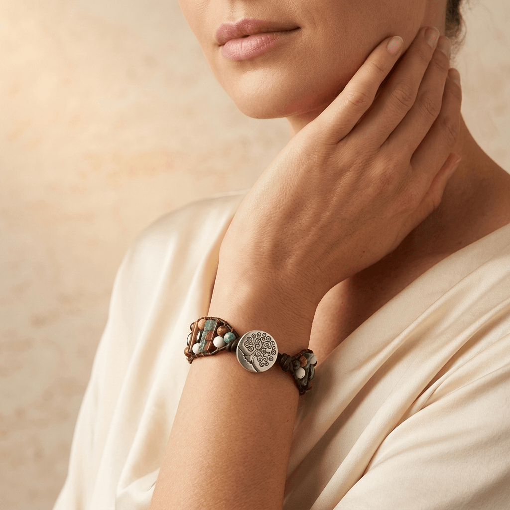 Natural Stone Leather Wrap Tree Bracelet