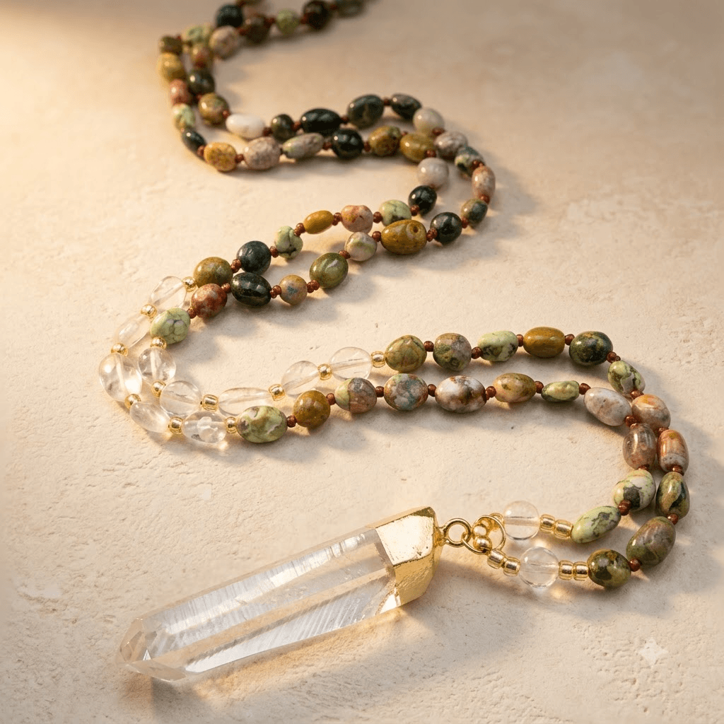 Natural Ocean Jasper Gold Clear Quartz Pendant Necklace