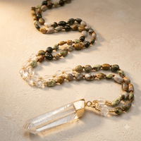 Natural Ocean Jasper Gold Clear Quartz Pendant Necklace