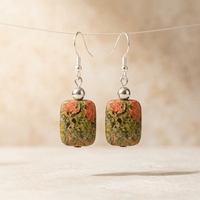 Natural Unakite Silver Square Drop Earrings