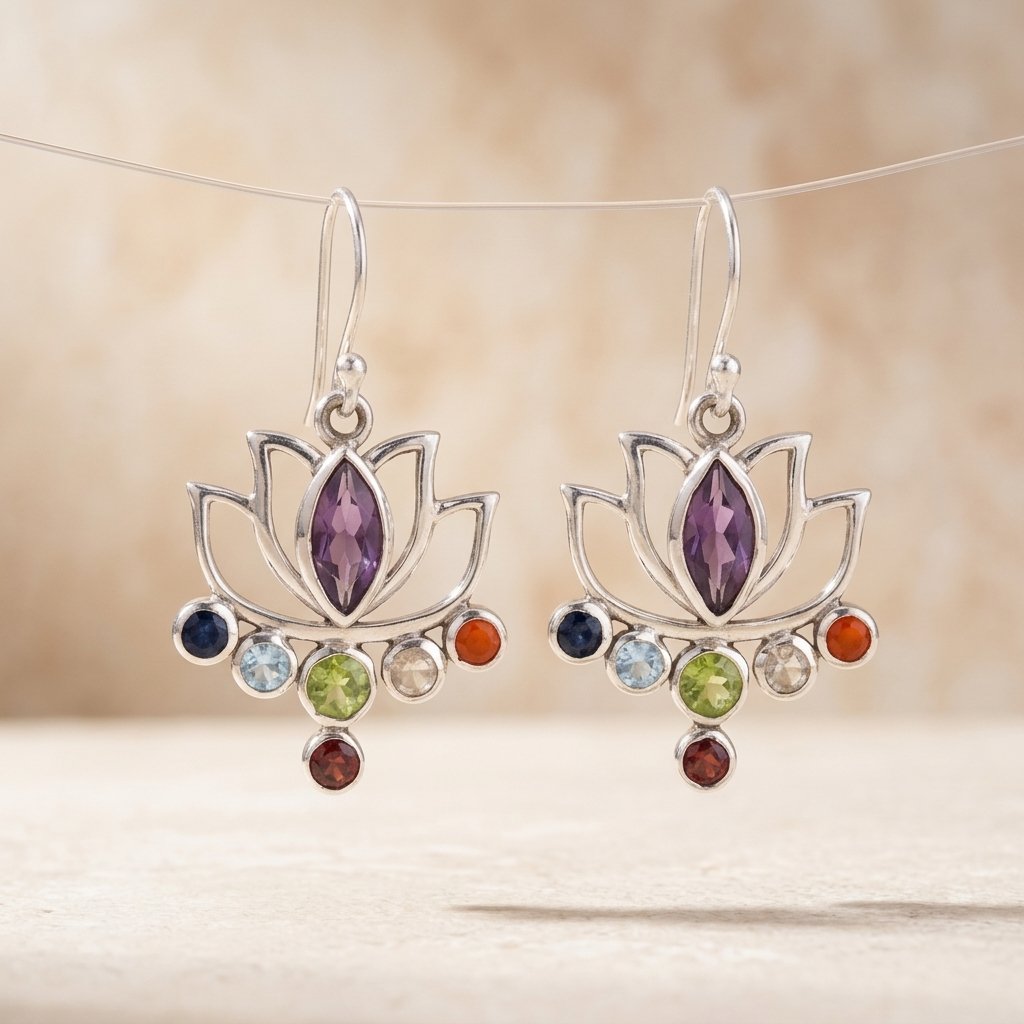 Vintage Silver Lotus Flower Multistone Earrings