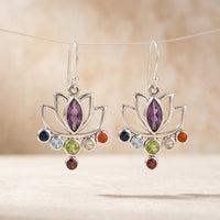 Vintage Silver Lotus Flower Multistone Earrings
