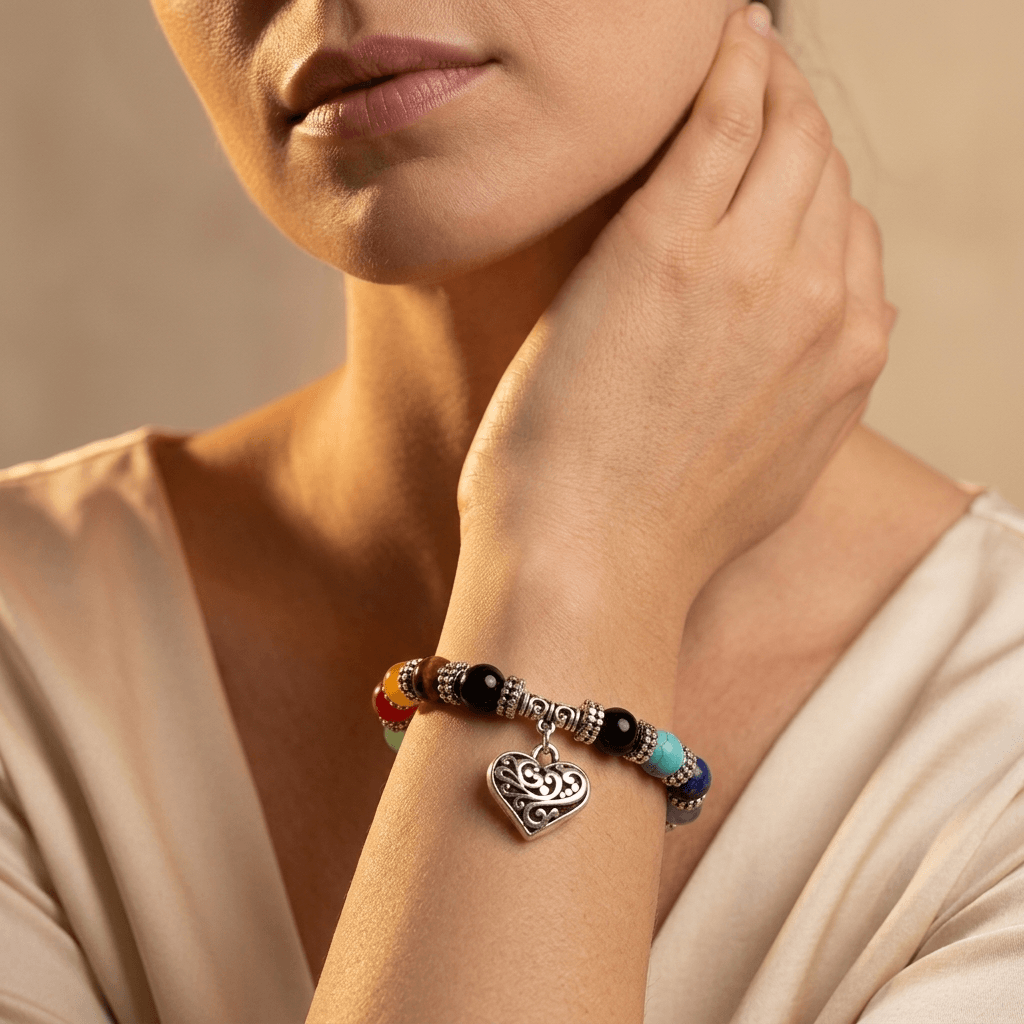 Seven Chakra Healing Silver Heart Bracelet