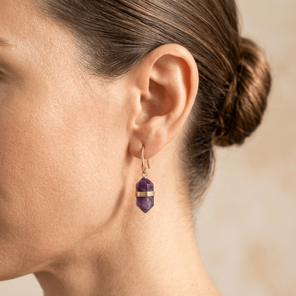 Natural Amethyst Gold Hexagonal Drop Earrings