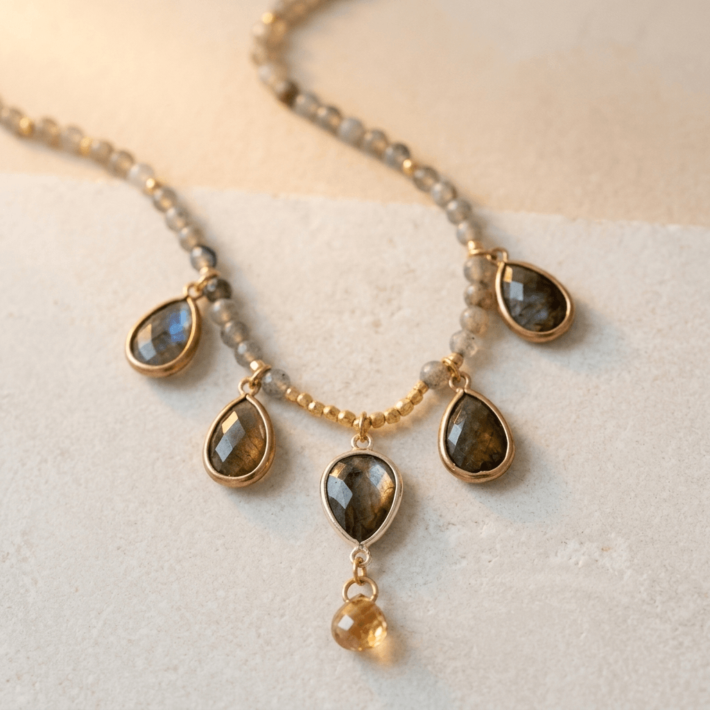 Natural Labradorite Teardrop Beaded Necklace
