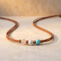 Boho Leather Rose Quartz Turquoise Bead Necklace