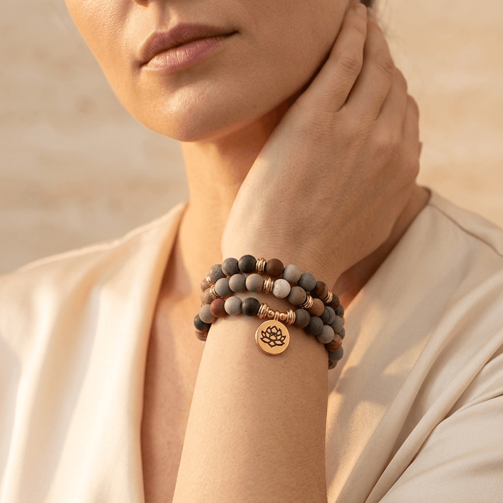 Matte Natural Jasper Beaded Lotus Charm Bracelet