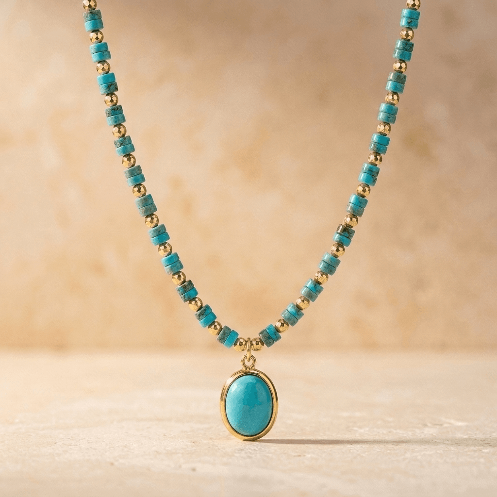 Turquoise Gold Beaded Oval Pendant Necklace