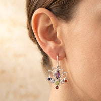 Vintage Silver Lotus Flower Multistone Earrings