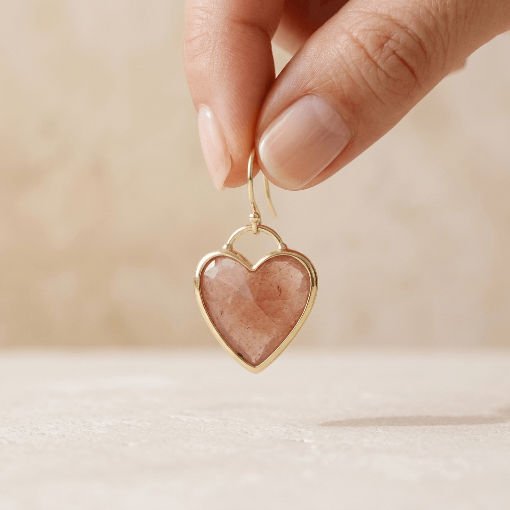 Strawberry Quartz Gold Heart Drop Earrings