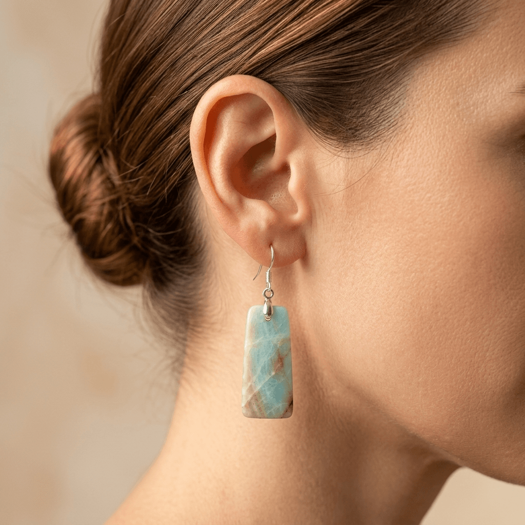 Natural Amazonite Silver Rectangle Drop Earrings