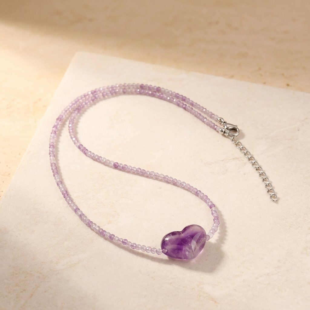 Amethyst Hand Polished Heart Pendant Necklace