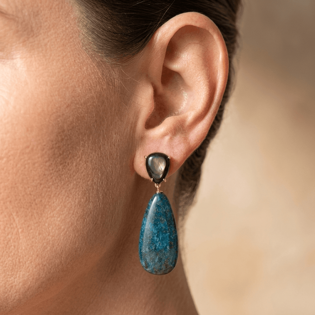 Blue Apatite Shell Pearl Gold Drop Earrings