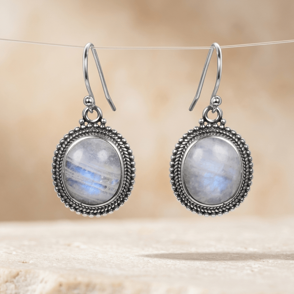Vintage Sterling Silver Moonstone Oval Earrings
