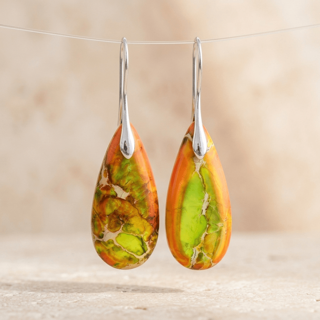 Orange Jasper Silver Teardrop Earrings