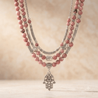 Pink Rhodonite Silver Hamsa Charm Mala Necklace