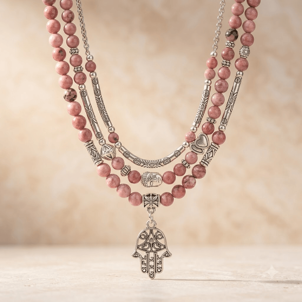 Pink Rhodonite Silver Hamsa Charm Mala Necklace
