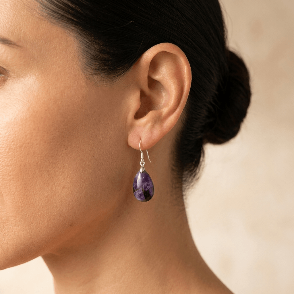 Natural Amethyst Silver Teardrop Drop Earrings